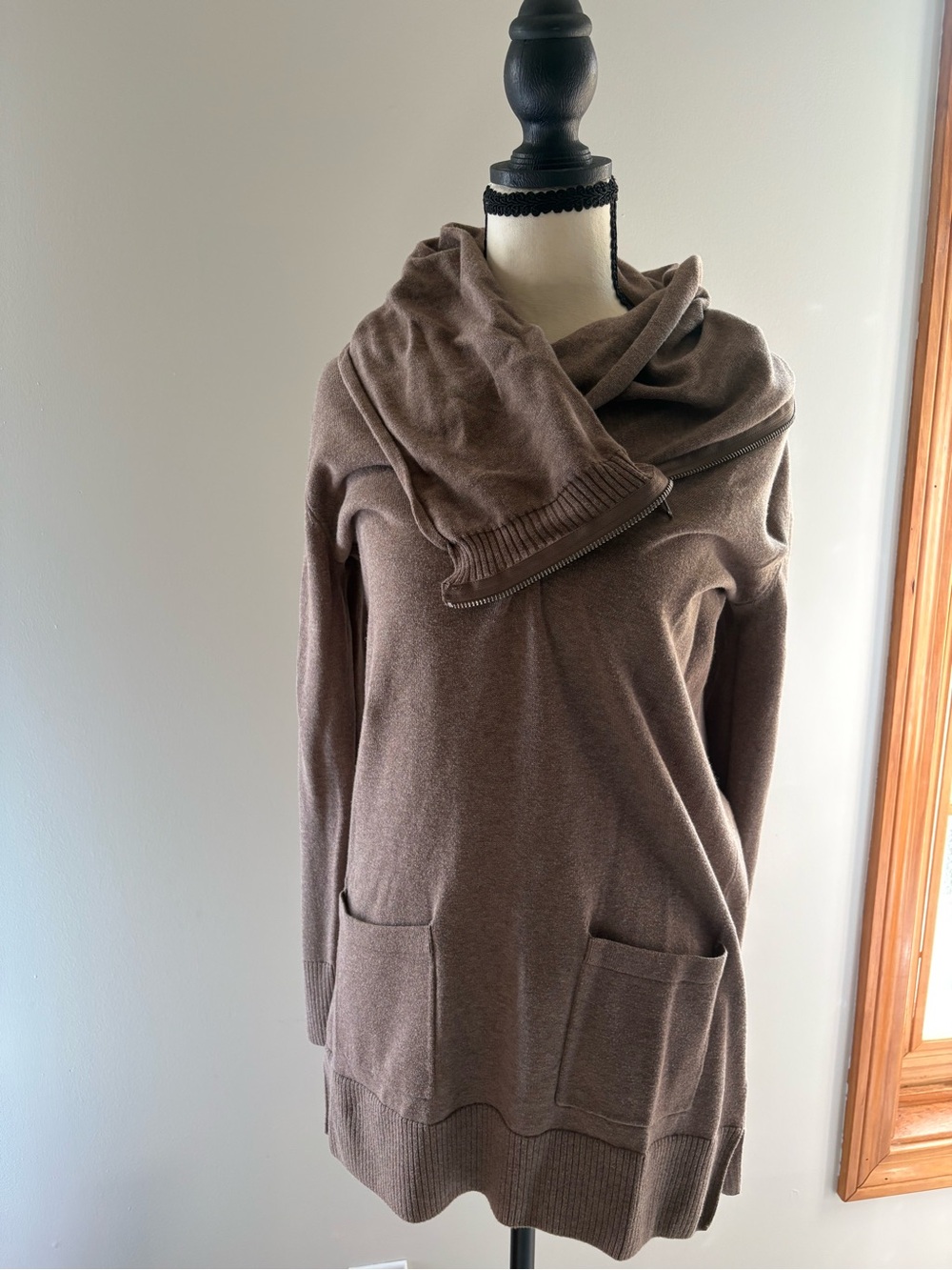 JEANNE PIERRE Taupe Brown Cowl Neck Hooded Sweater
